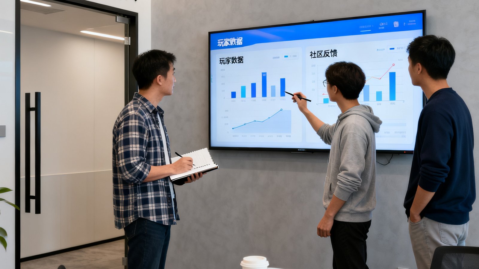 亿万28团队办公室：工程师与设计师在墙壁大屏幕前讨论玩家数据与社区反馈